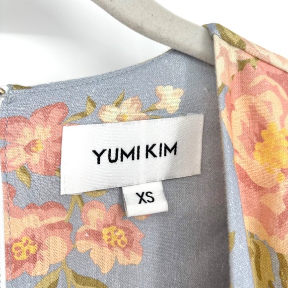 Yumi Kim Gayle Dress Sz XS Blue Pink Linen Blend Floral Puff Sleeve V Neck Midi - Picture 4 of 16